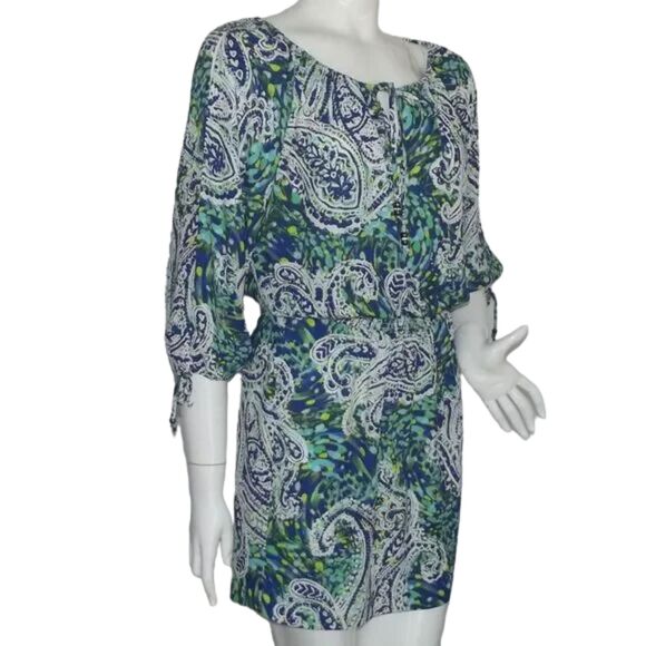 CACHE Dress, S, Blue/Green Paisley, Smocked waist, Slit Sleeve, Tie Neck/Beaded - Picture 2 of 12
